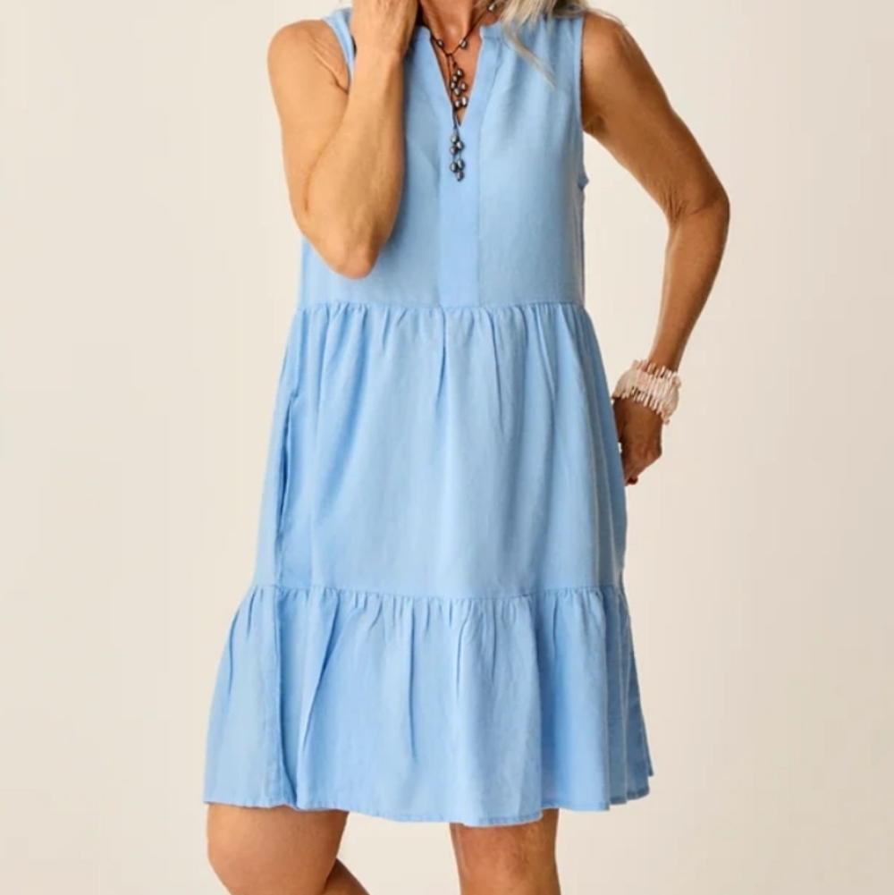 Carve Designs Sleeveless V-Neck Tiered Dress in Sky Blue Linen Blend Size XL NwT